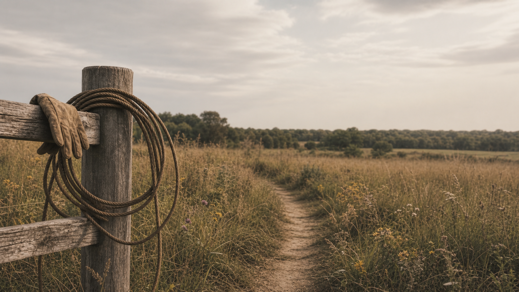 Work gloves and a coiled rope hanging on a weathered fence along a dirt trail — representing The Brand Roundup, a marketing audit and clarity report that cuts what isn't working from The Wiley Haase.