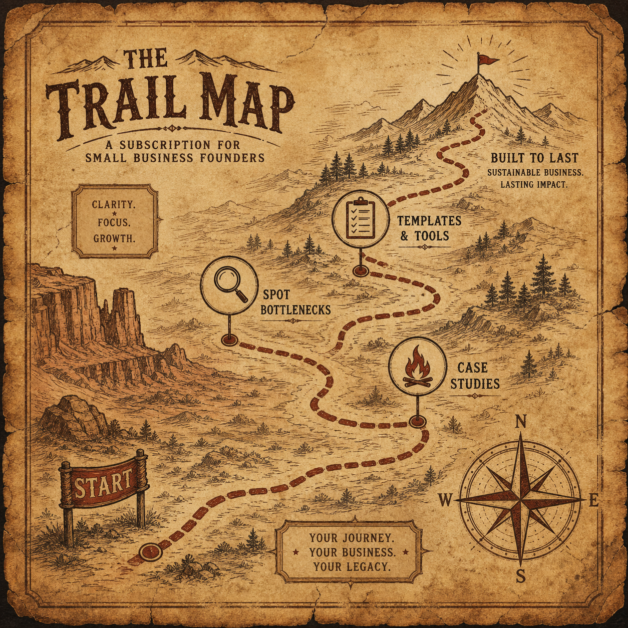 The Trail Map illustrated subscription guide for small business founders — a $39/month membership with monthly ops and marketing audit prompts, SOP templates, RACI maps, and case study breakdowns from The Wiley Haase