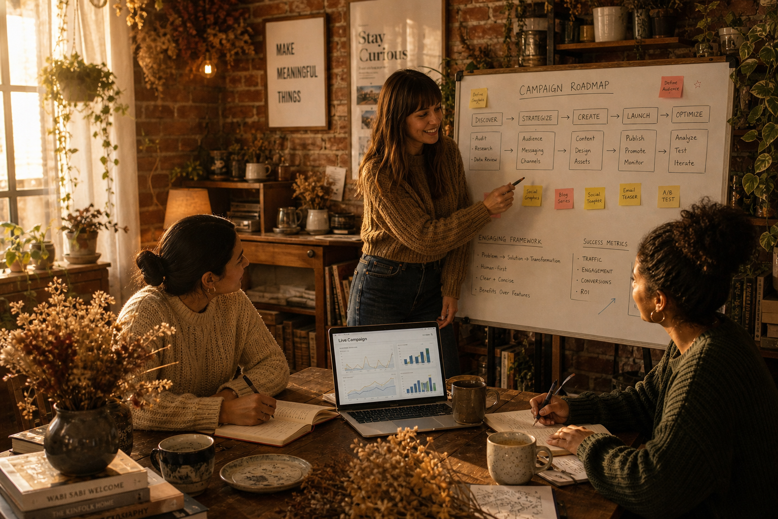 Marketing implementation team reviewing campaign plan at a creative workspace whiteboard