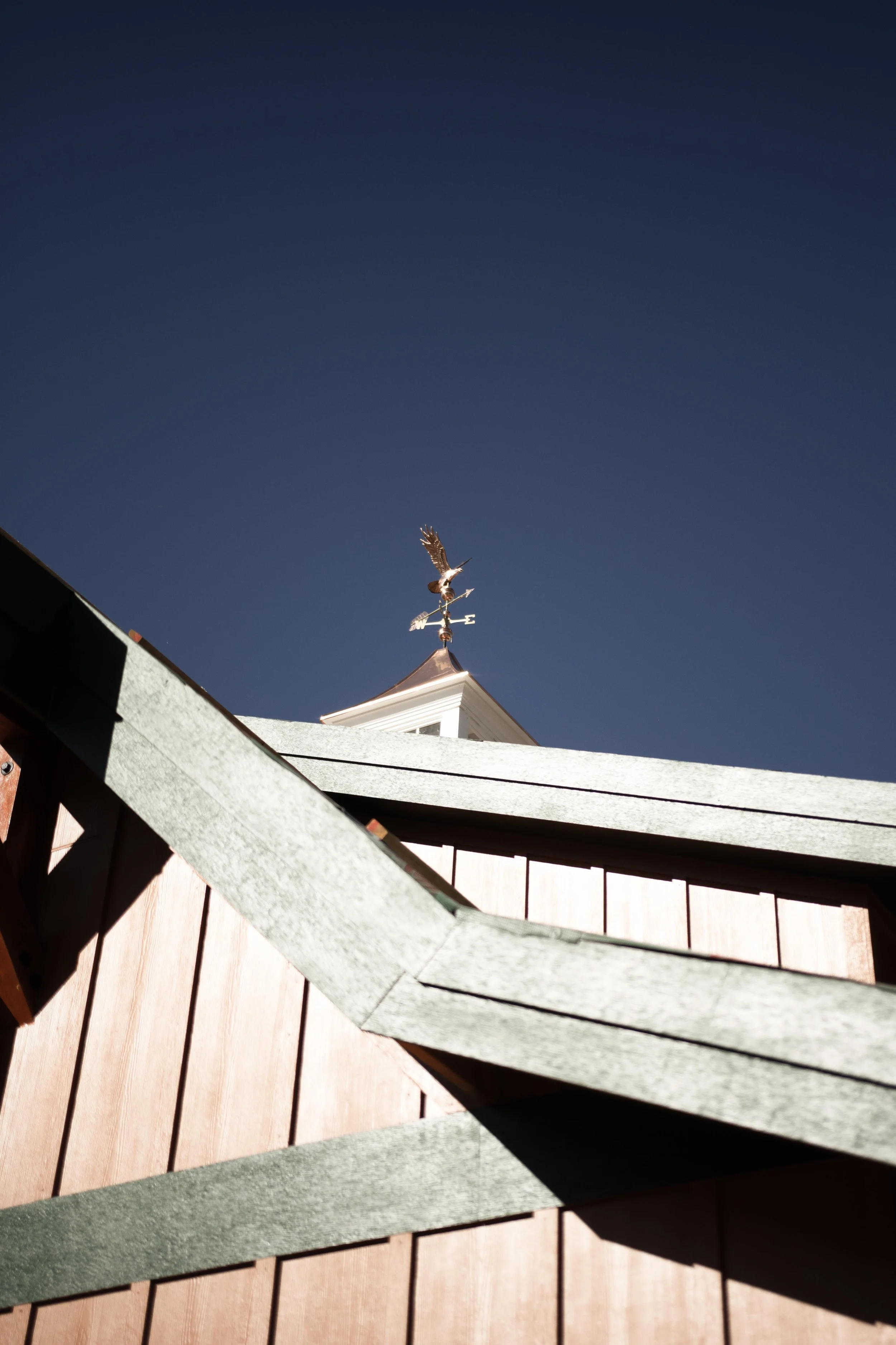 Rooftop building with a weather vane in the shape of an eagle on top, viewed against a clear blue sky.