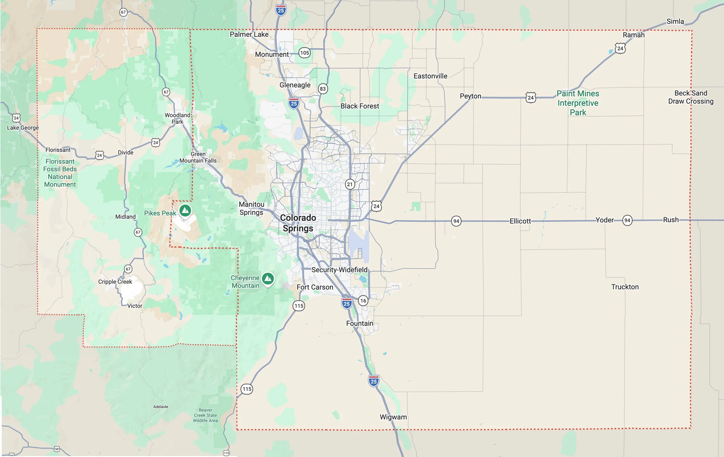 Map of Colorado Custom Built service area including El Paso and Teller counties.