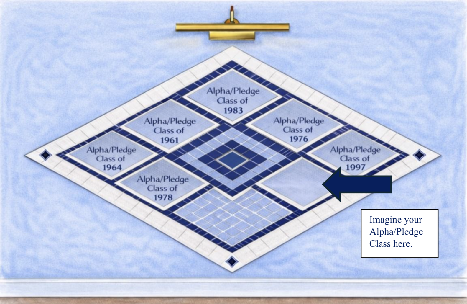 diamond dining room pledge class alpha class initiatives naming wall diamond wall labeled various Alpha/Pledge class years future class Imagine your Alpha/Pledge Class here