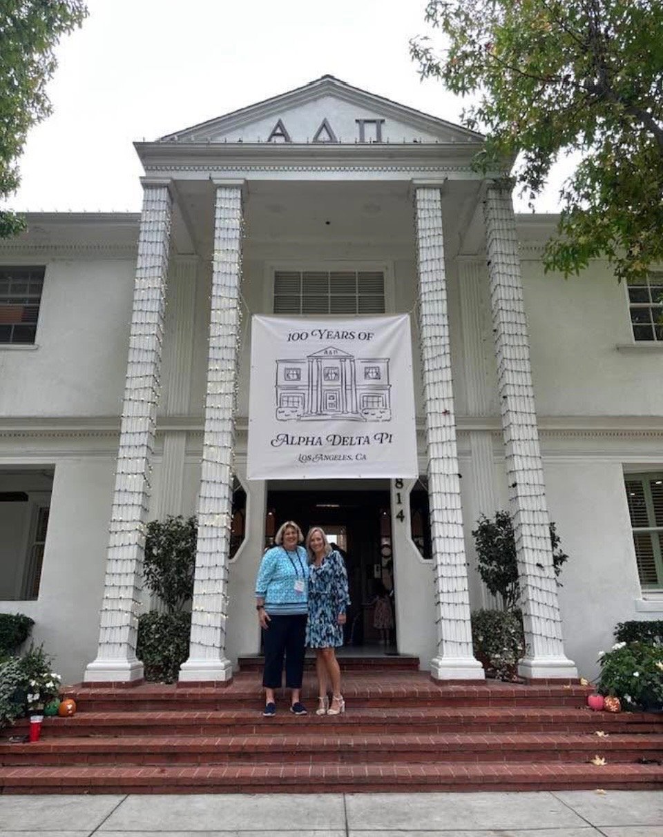sorority usc university of southern california sisters sisterhood recruitment rush adpi alumni celebrating 100 years of Alpha Delta Pi sorority banner hanging