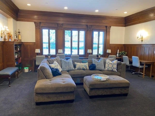 sorority usc university of southern california sisters sisterhood recruitment rush adpi alumni celebrating 100 years of Alpha Delta Pi sorority banner hanging outside outdoor exterior inside interior diamond dining room ddr fund donate donation