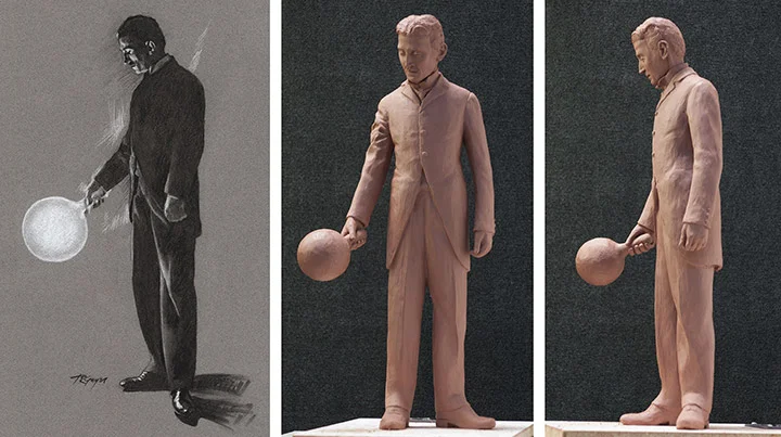 A concept drawing is produced after a number of idea sketches have been reviewed and a direction decided. A three-dimensional maquette (scale model) is then made in clay.&nbsp;