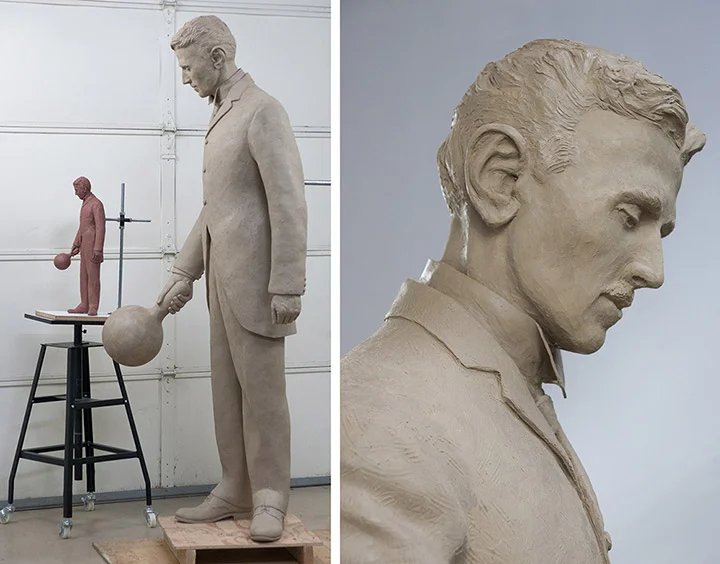 An improved portrait image of Nikola Tesla is made into a highly-detailed full sized clay to be used as the artwork master which will be molded and cast in silicon bronze. The metal casting is done in the lost wax process to preserve all the detail …