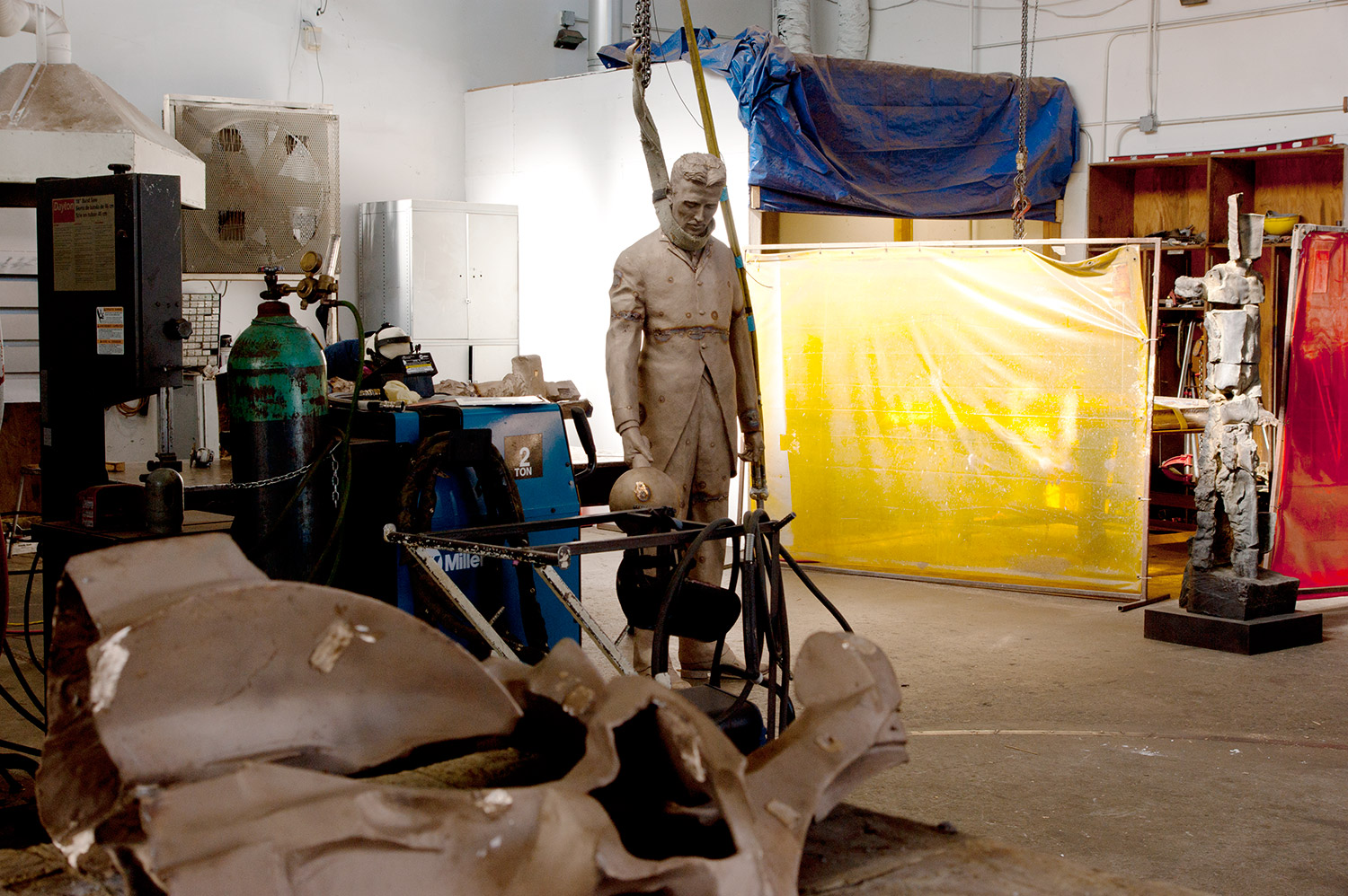 IT'S ALIVE !! "A Statue of Nikola Tesla in the Silicon Valley" is almost done. Bronze cast in pieces, it is spot welded back together waiting for me to check the accuracy of assembly before final welding and chasing.