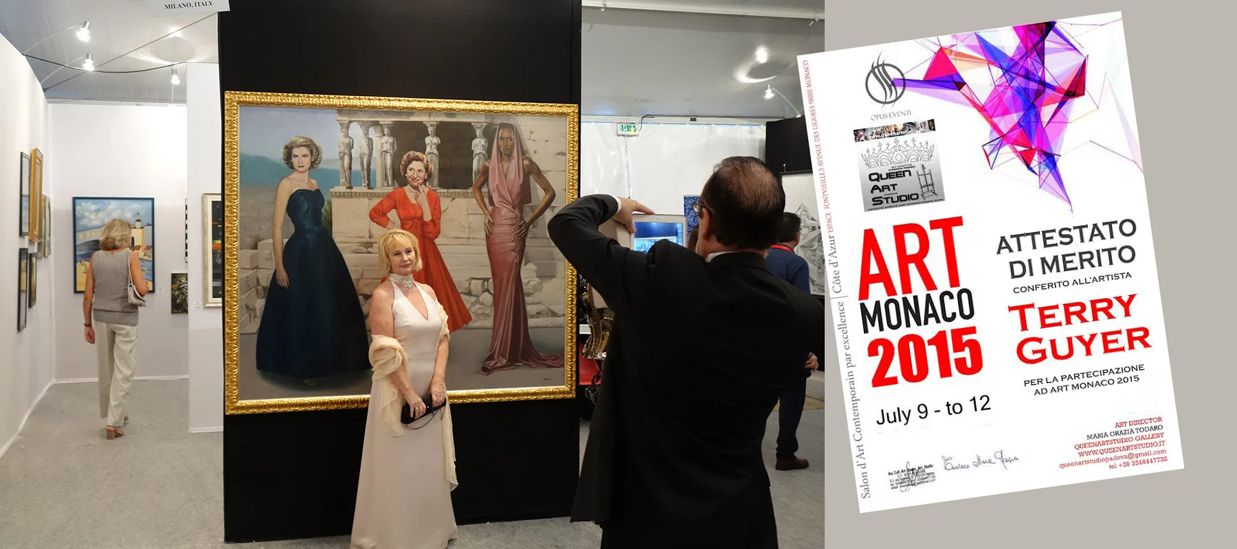 A formally dressed lady posed&nbsp;in front of "The Three Graces"&nbsp;for a photograph by her husband during the black tie opening of Art Monaco 2015.