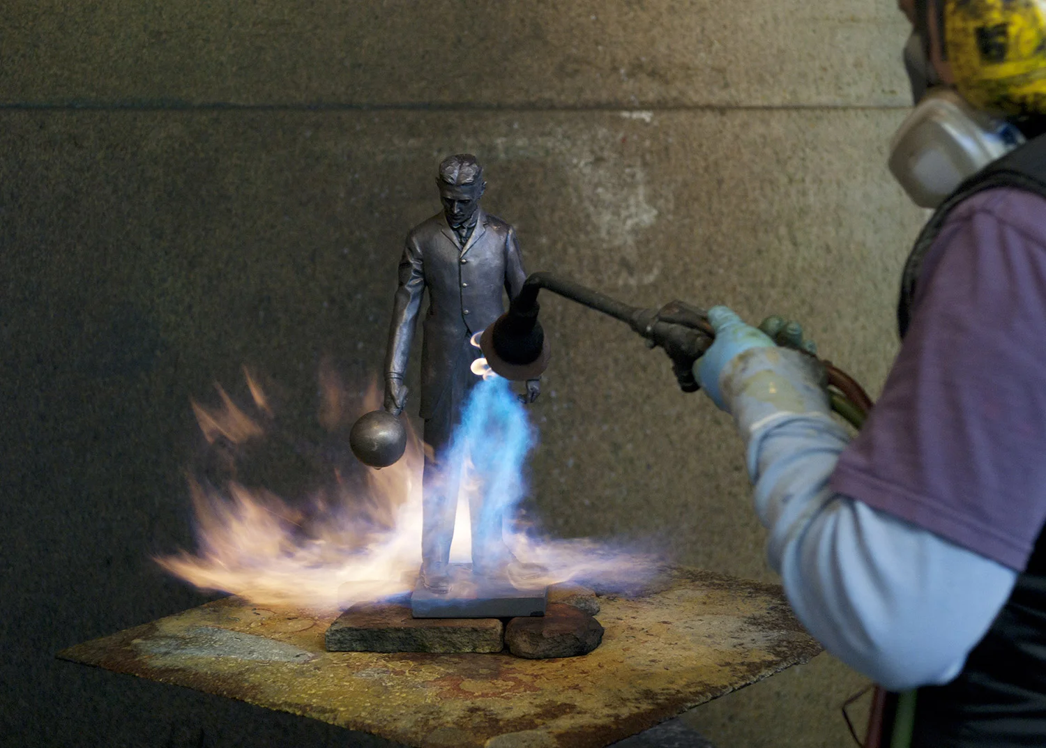 Tesla 18-inch cast bronze replicas got their patina on Monday, November 4, 2013 at Artworks Foundry in Berkeley