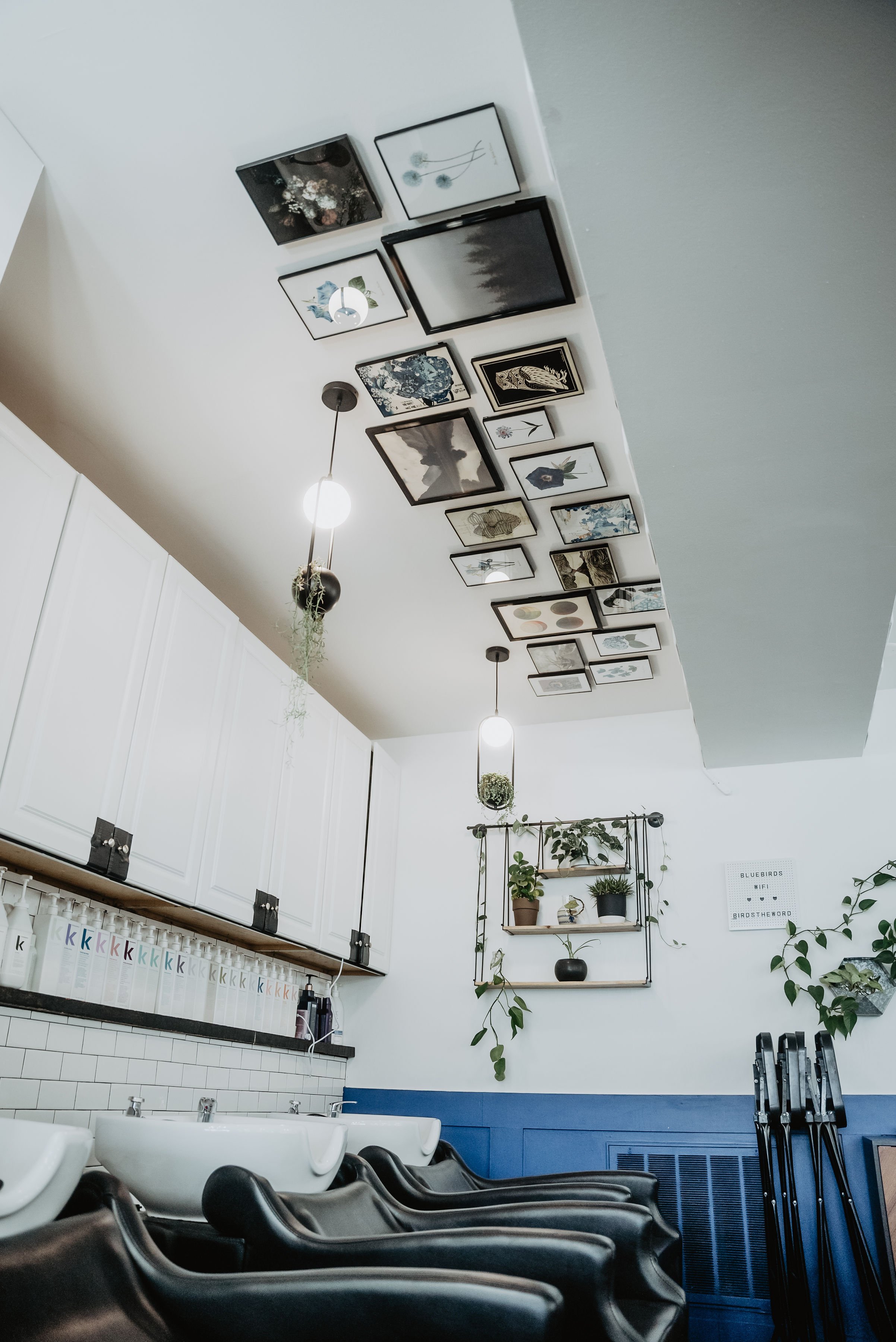 Interior of a salon or barbershop with chairs and sinks, white cabinets, framed artwork on the wall, hanging light fixtures, plants, and hairdressing tools.