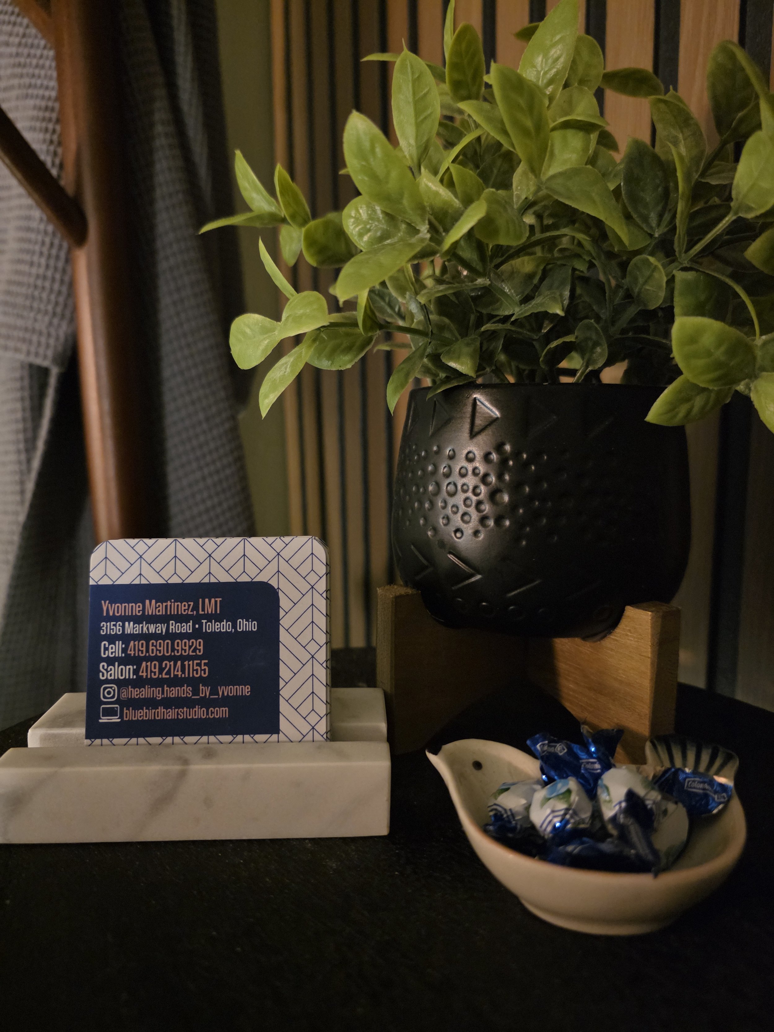 A potted plant with green leaves in a black decorative pot, placed on a small wooden stand. A business card for Yvonne Martinez, LMT, is positioned in front of the plant, with contact information including phone numbers and social media handles. There is a bowl with wrapped candies and a wrapped snack on the left side of the image.