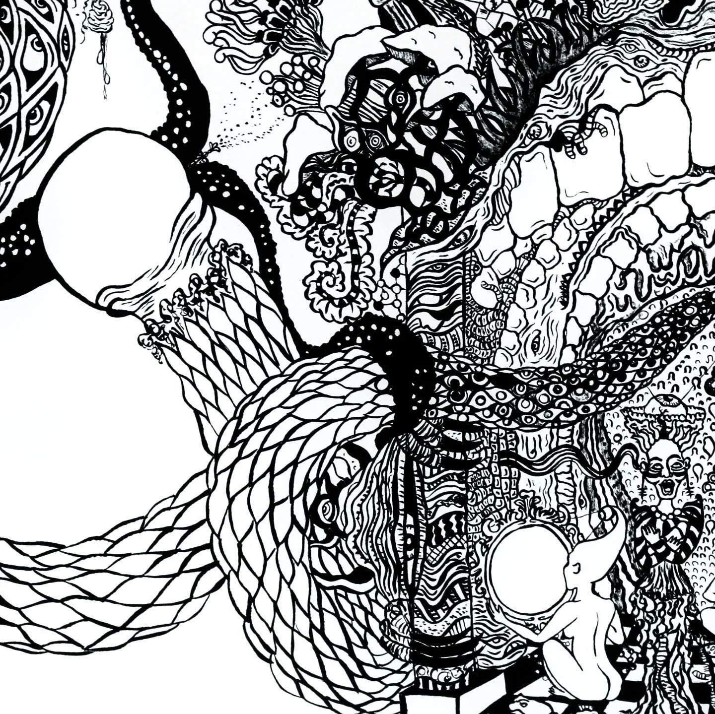 Dibujo en blanco y negro de estilo surrealista con figuras humanas, animales como un pájaro y un elefante, y patrones abstractos y geométricos.