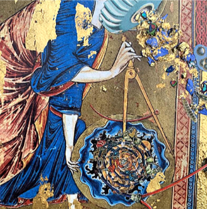 Detalle de una ilustración medieval con una figura femenina, un reloj y un espejo, decoraciones florales y doradas.