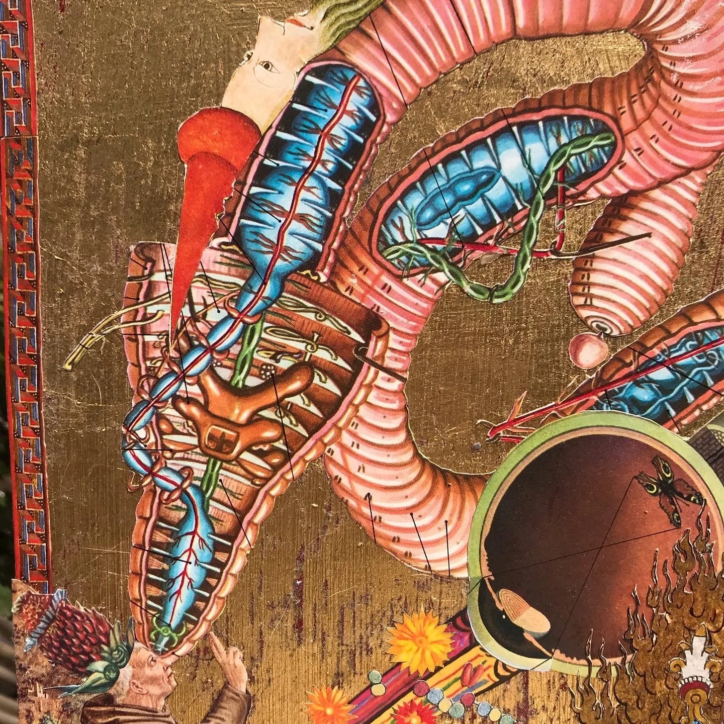 Ilustración colorida de un torso humano con órganos internos y sistemas, incluyendo intestinos, vasos sanguíneos y nervios, con detalles en estilo artístico y elementos decorativos