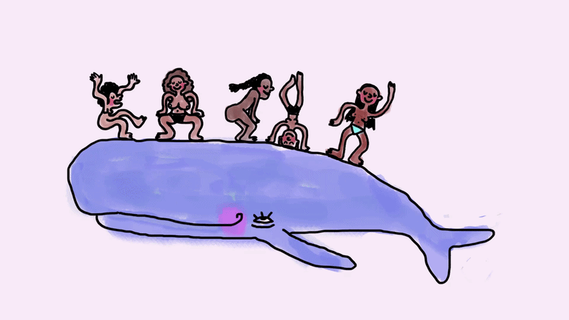Dibujos de cinco personas bailando sobre una ballena azul de estilo caricaturesco.