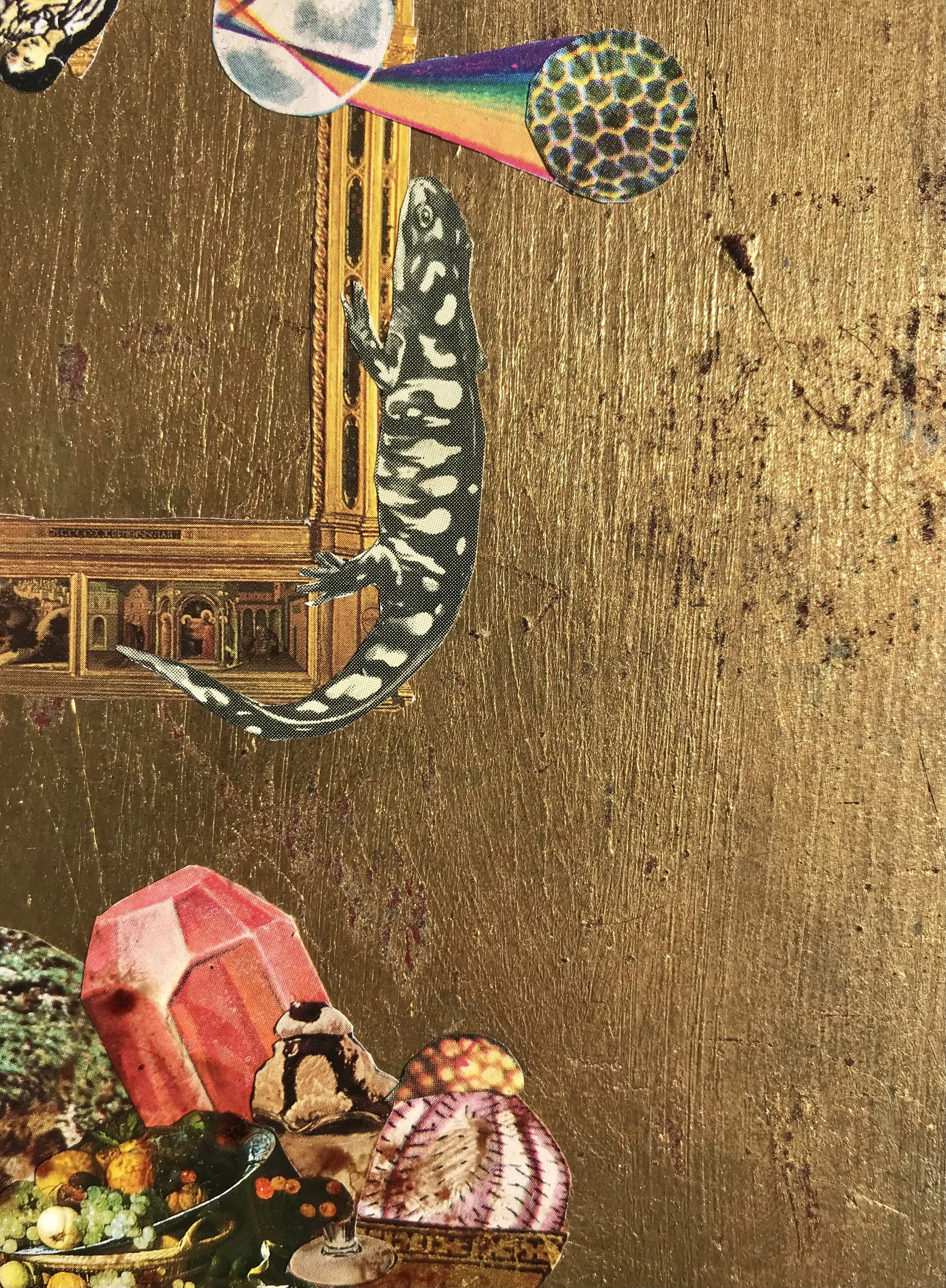 Waiting, 2022, Collage and Gold Leaf over Wooden Canvas, 20x40cm