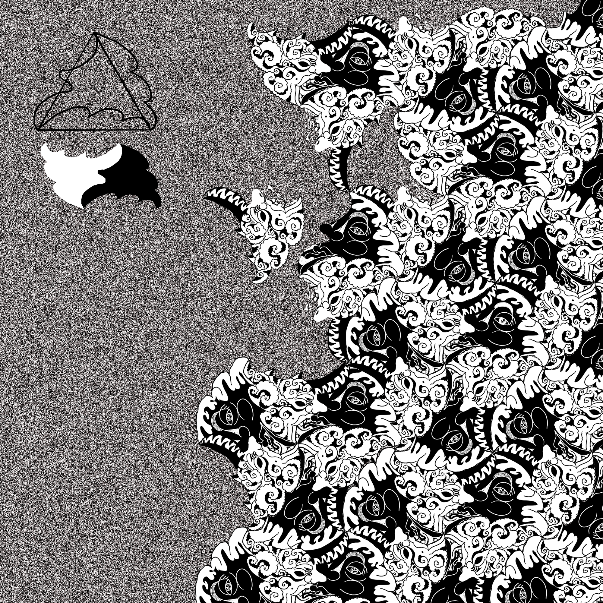 Ilustración en blanco y negro de una criatura mitológica con cuerpo de serpiente y rostro humano que tiene varias caras, rodeada de nubes y elementos decorativos de estilo tradicional. También hay un árbol en el lado izquierdo, y en la parte izquierd
