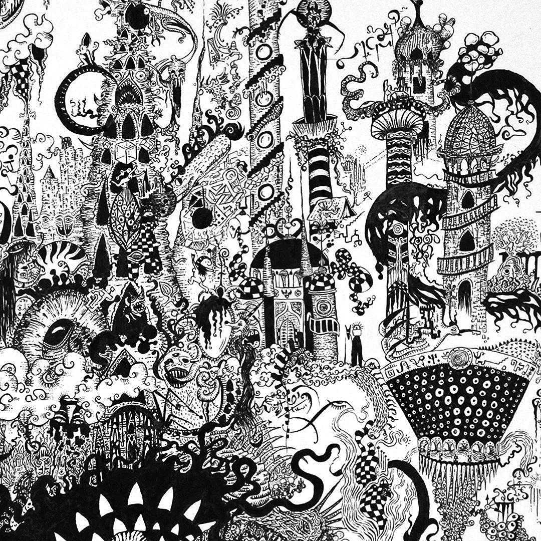 Ilustración en blanco y negro con figuras fantásticas, edificios y criaturas surrealistas y abstractas de estilo psicodélico.