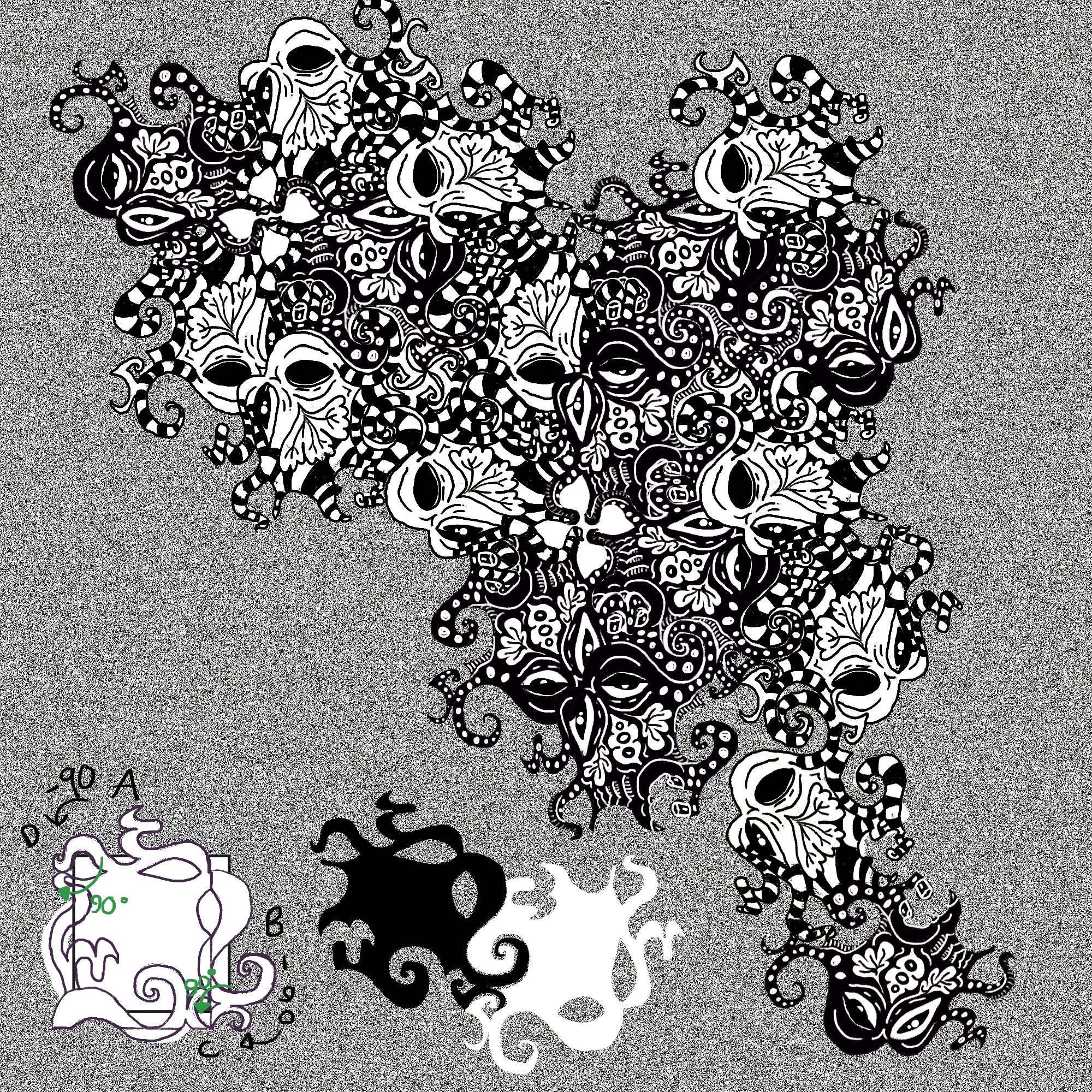 Ilustración en blanco y negro con patrones y formas de calaveras y tentáculos en estilo de arte tribal.