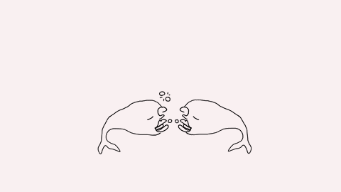 Ilustración de dos manos con pequeños animales en las puntas, tocándose y formando una especie de beso.
