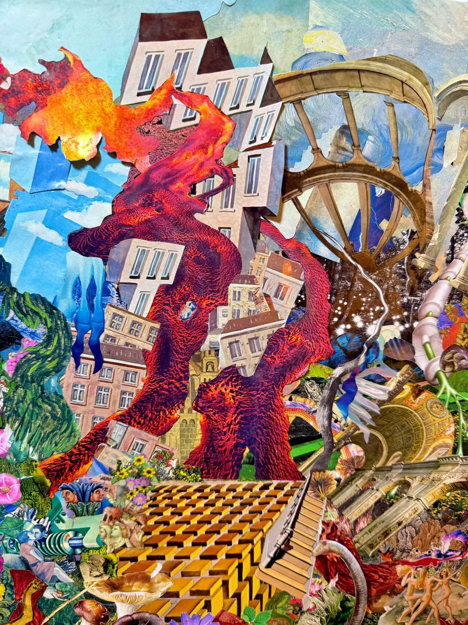 Collage artístico con edificios, árboles, animales, elementos culturales y patrones de colores vibrantes.