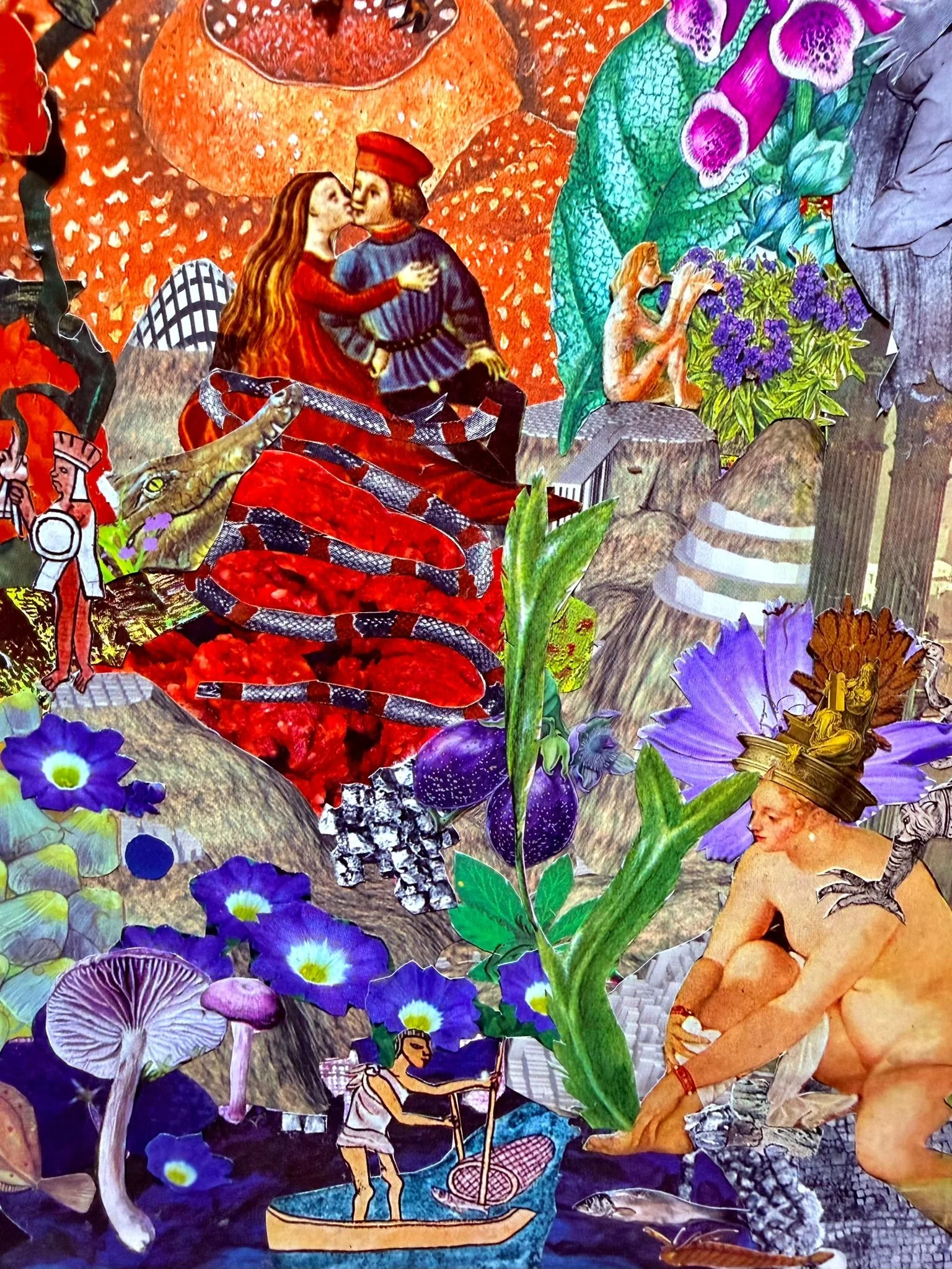 Collage de varias imágenes y dibujos en un estilo surrealista. Incluye figuras humanas, animales, flores, un cocodrilo, un barco con dos hombres, una mujer tocando un instrumento, y elementos de la naturaleza en un fondo colorido y vibrante.