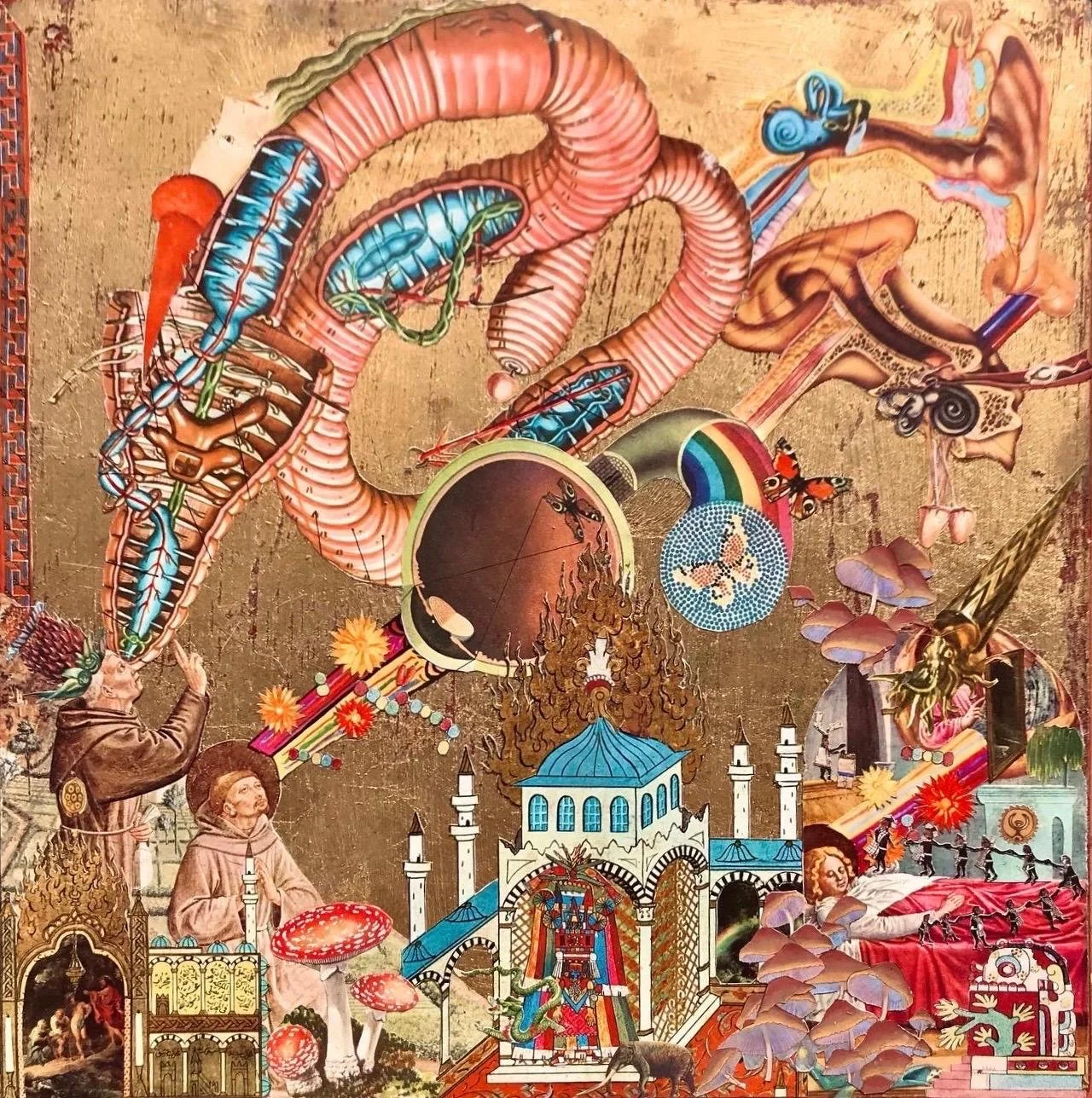 Prayer, 2023, collage over wood with golden leaf, 30x30cm



