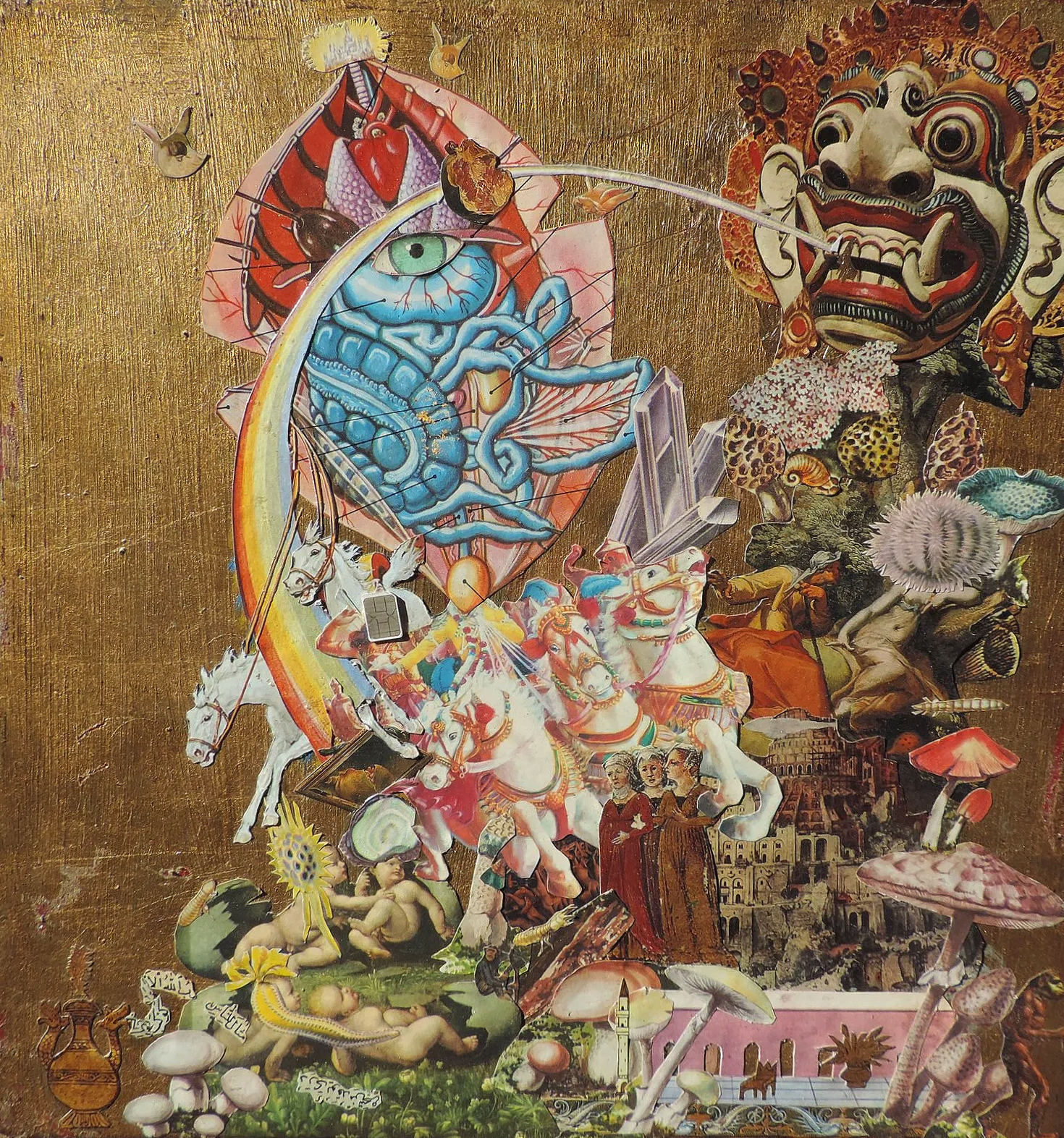 Collage colorido con elementos culturales y fantásticos, como caballos, figuras humanas, animales, edificios antiguos, hongos, y elementos simbólicos, todo sobre un fondo dorado.