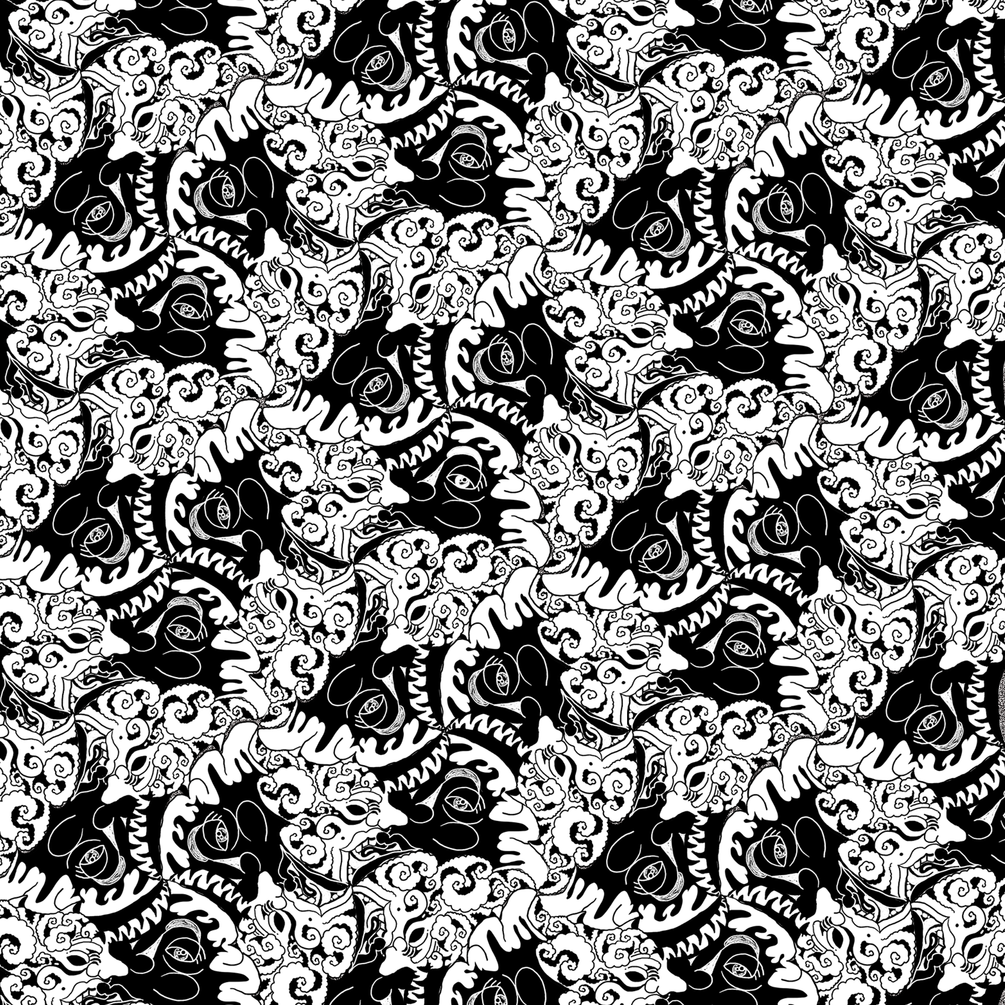 Diseño en blanco y negro con patrones de rostros, nubes, dragones, mariposas y elementos decorativos.