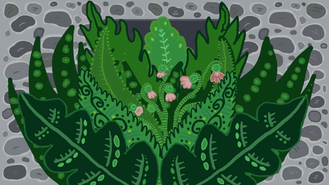 Ilustración de plantas verdes en un recipiente de piedra, con detalles en rosa y morado.
