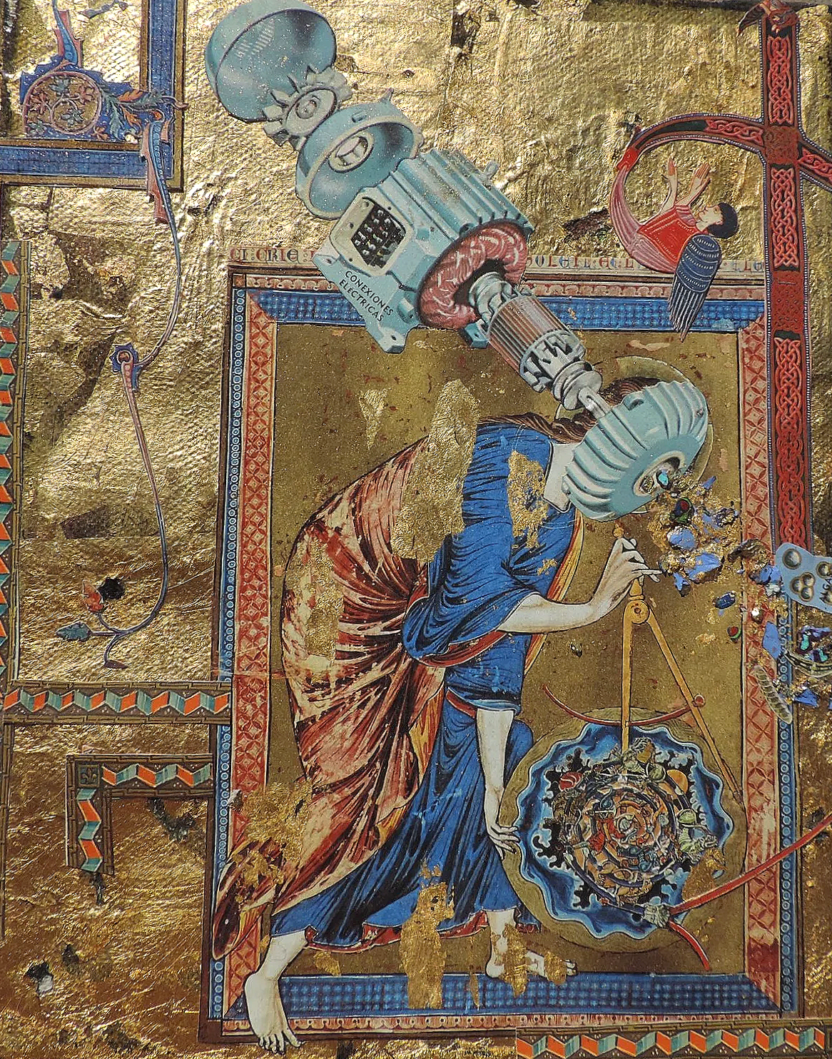 Una ilustración de estilo medieval que combina elementos tradicionales con tecnología moderna, mostrando una figura femenina vestida con ropas antiguas, con una cabeza de máquina y rodeada de símbolos y objetos electrónicos, todo sobre un fondo dorado decorativo.