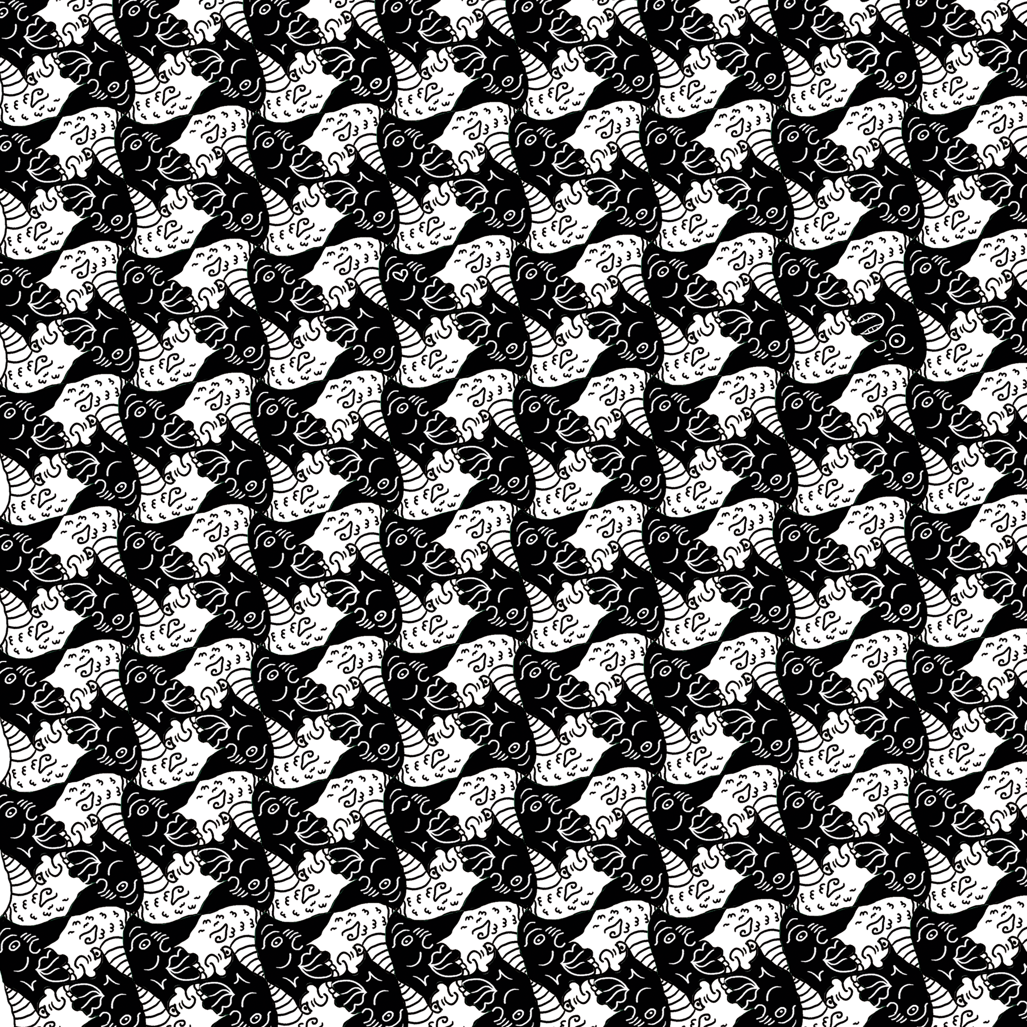 Patrón en blanco y negro con caras humanas estilizadas y corazones en un diseño repetitivo.