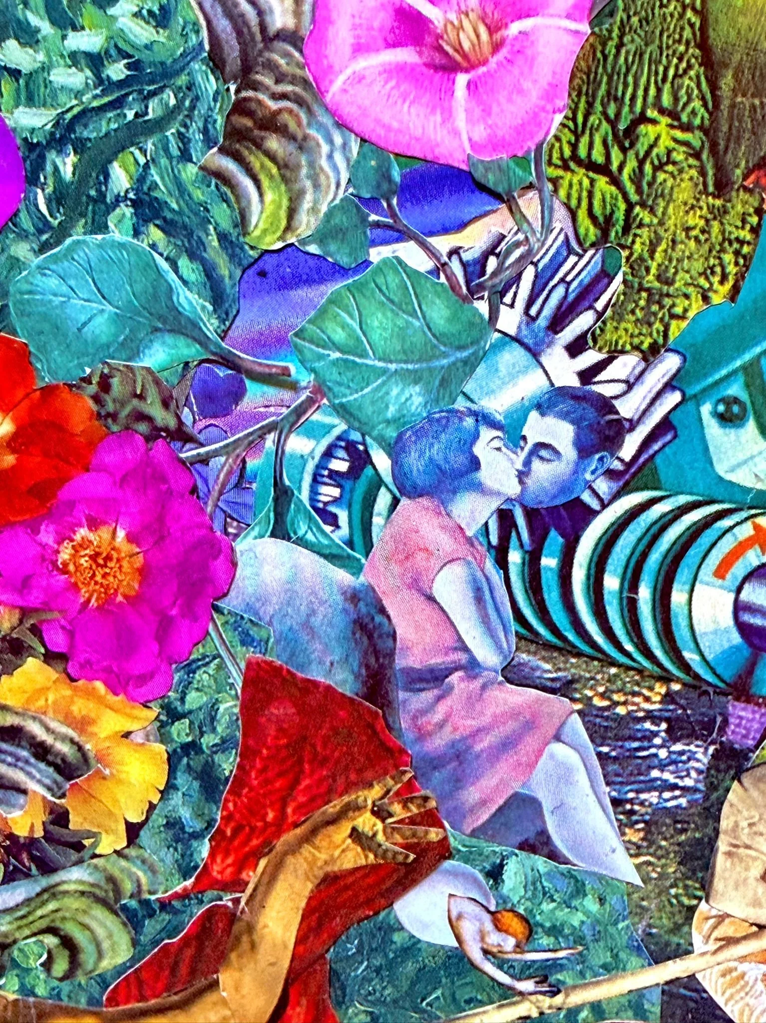 Collage colorido con varias plantas, flores y una figura humana con brazos extendidos, rodeada de elementos naturales y culturales.