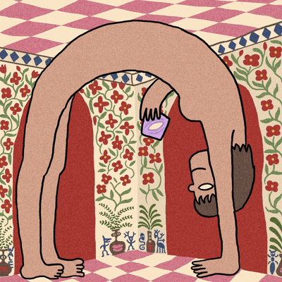 Dibujo de una persona haciendo una postura de yoga en un entorno decorativo con patrones florales y geométricos.