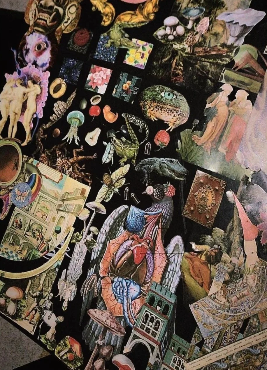 Collage de diversos recortes, incluyendo figuras humanas, animales, objetos y patrones en diferentes estilos y colores.