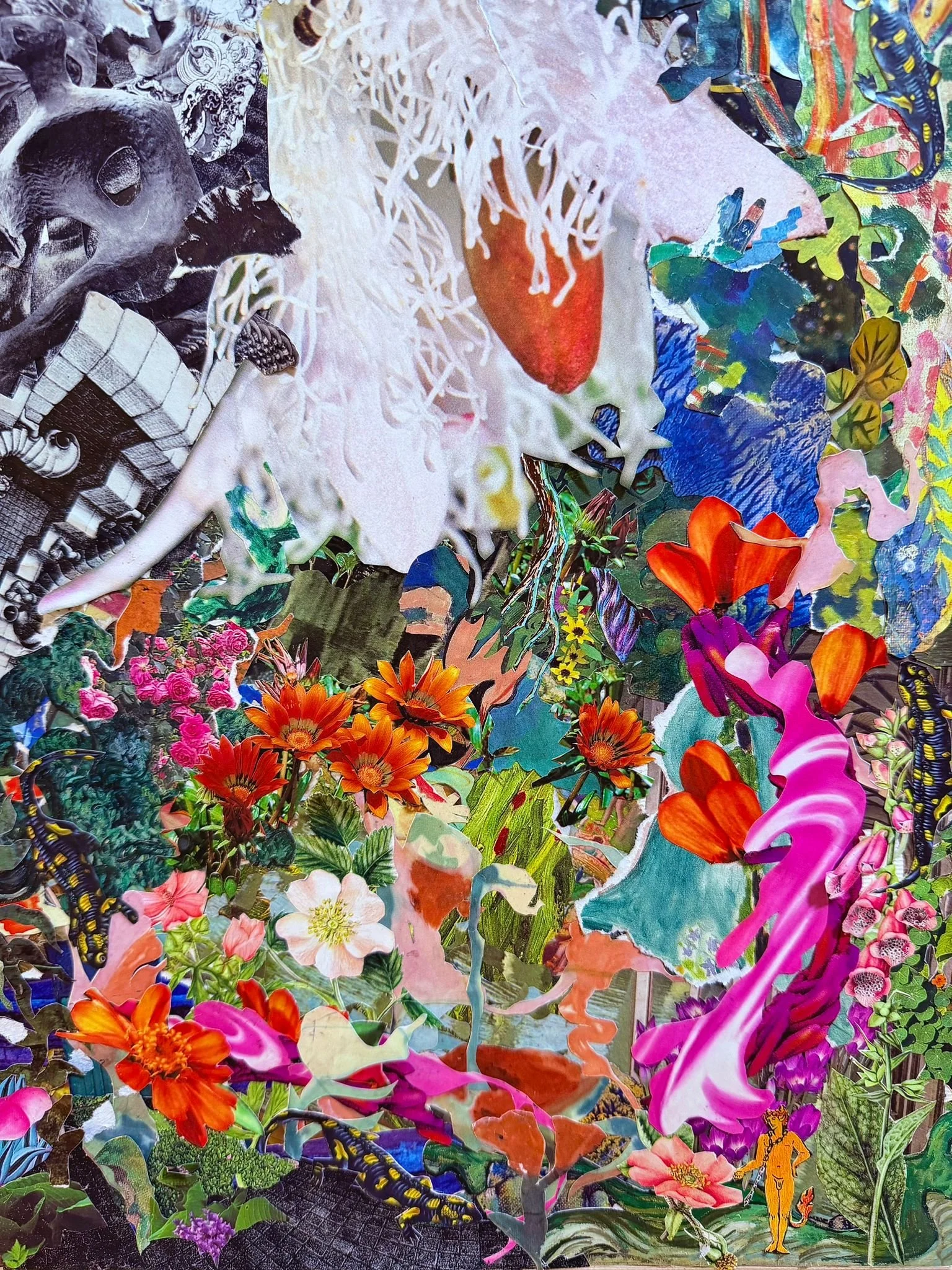 Collage de flores coloridas, animales, figuras humanas y elementos diversos en un estilo artístico y abstracto.