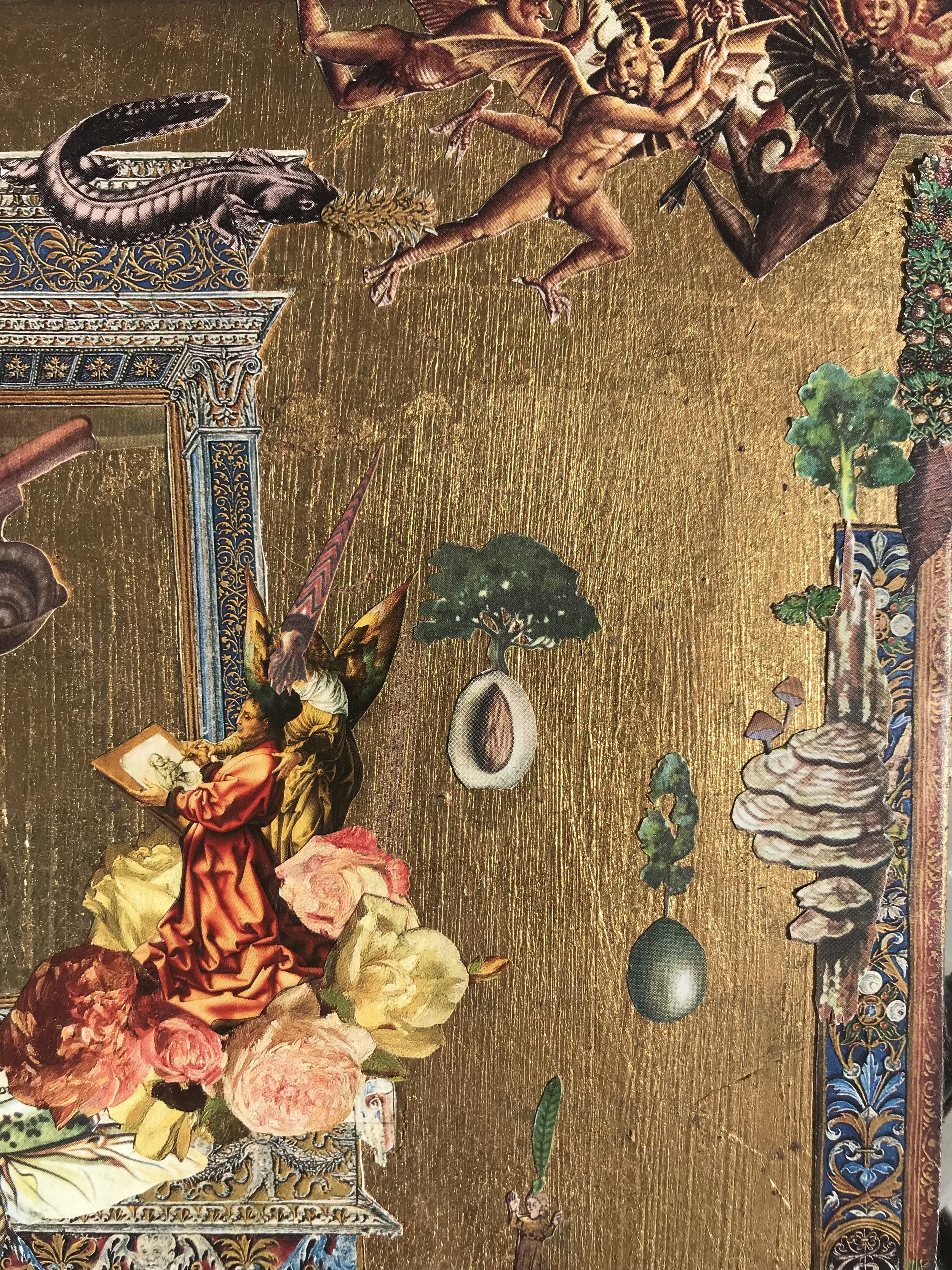 Detalle de un cuadro clásico con figuras humanas, ángeles, animales y elementos naturales sobre fondo dorado.