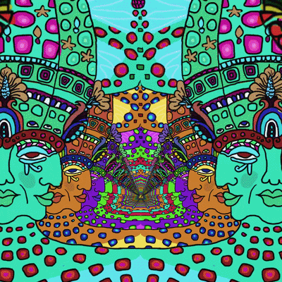 Ilustración psicodélica con rostros humanos y patrones coloridos que crean un efecto visual de profundidad y simetría.