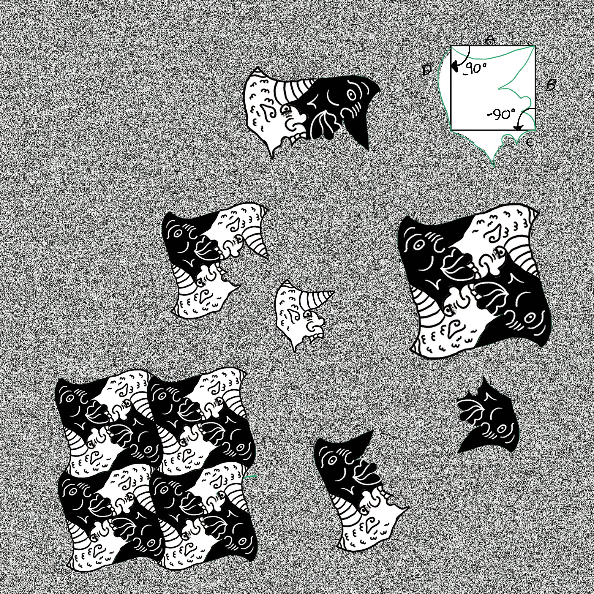 Ilustración de peces negros y blancos con detalles decorativos en sus cuerpos, flotando sobre un fondo gris. A la derecha hay un diagrama de un cubo con ángulos internos de -90° y 90°, y líneas que indican las dimensiones del cubo.