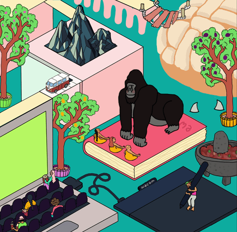 Una escena divertida con un gorila gigante sobre un libro, un escenario con una persona cantando, un grupo de asistentes, árboles, una montaña ficticia, un coche en miniatura, y una piscina con caprichos decorativos.