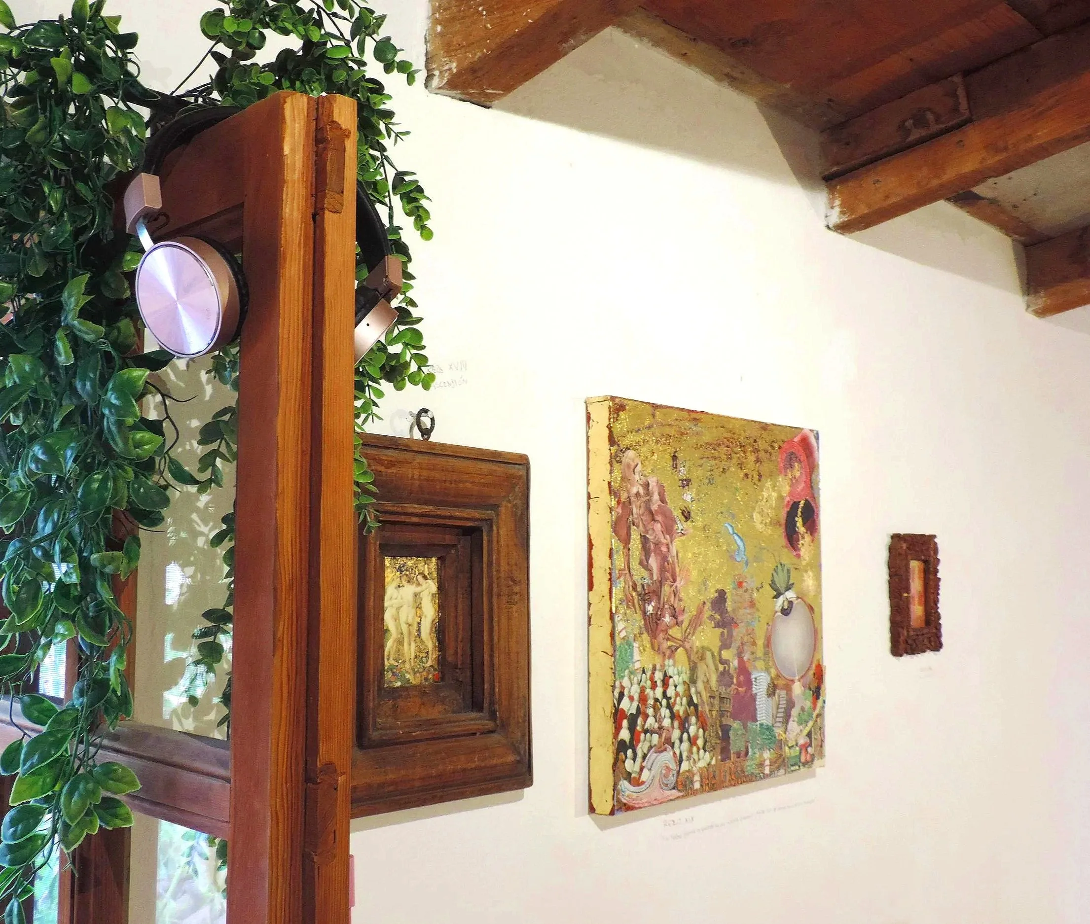 Cuadros y plantas decorativas en una pared de una galería o sala de exhibición.