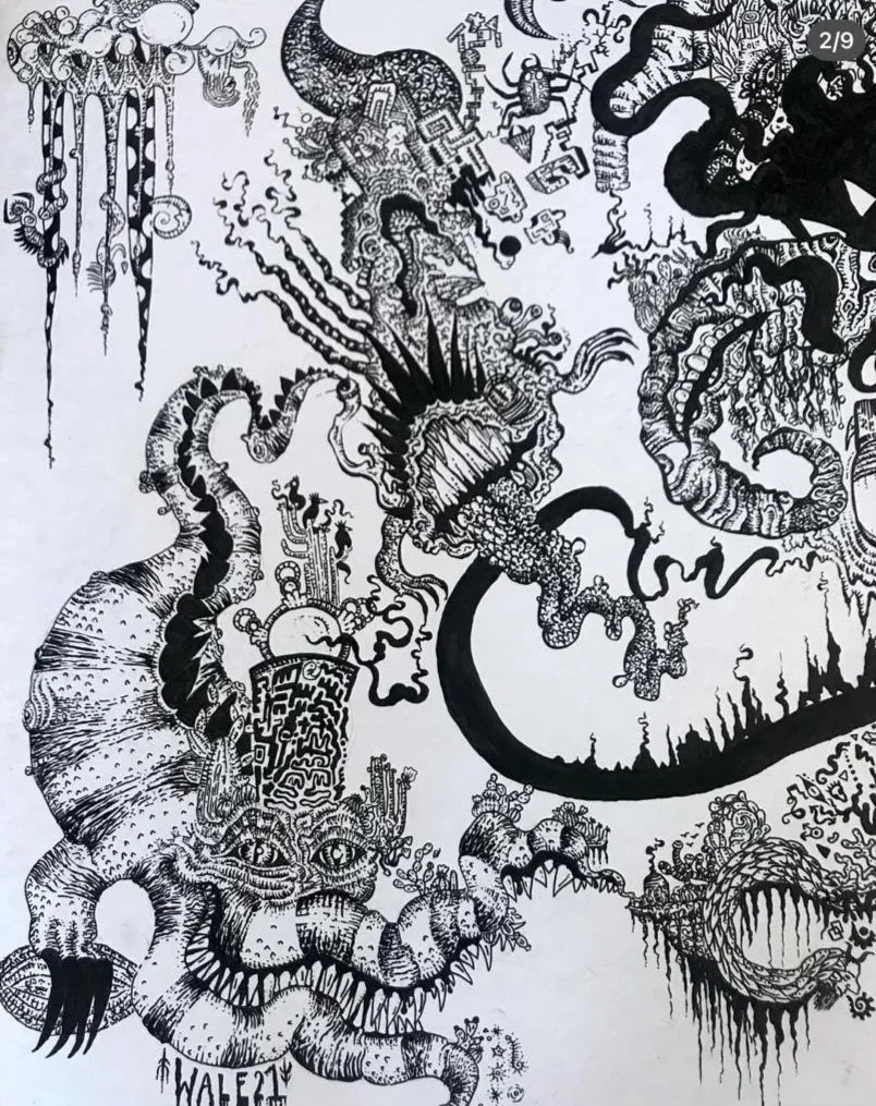 Dibujo en blanco y negro de criaturas míticas y monstruos, con estilos detallados y surrealistas, incluyendo serpientes, dragones, y formas abstractas y grotescas.