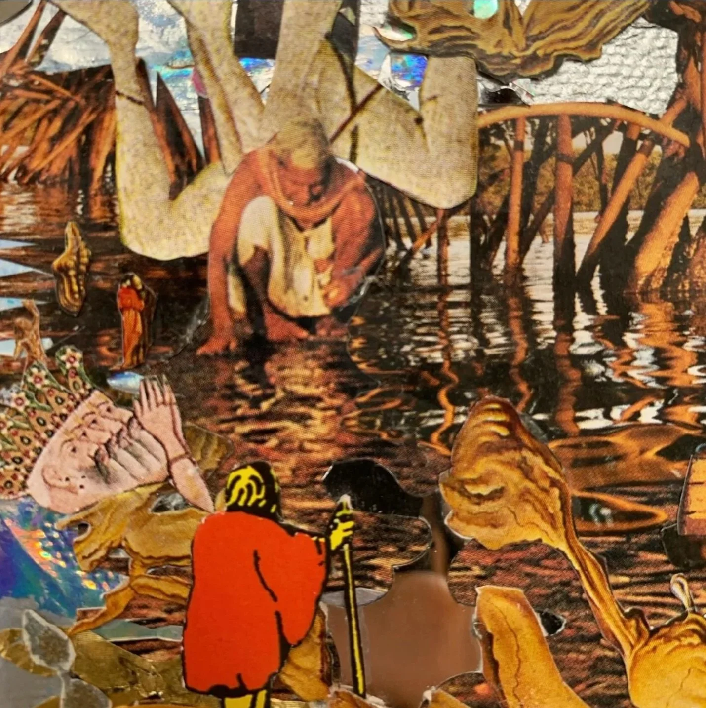 Escena de personas en un entorno acuático con elementos naturales como hojas, árboles y agua, en un estilo artístico collage.