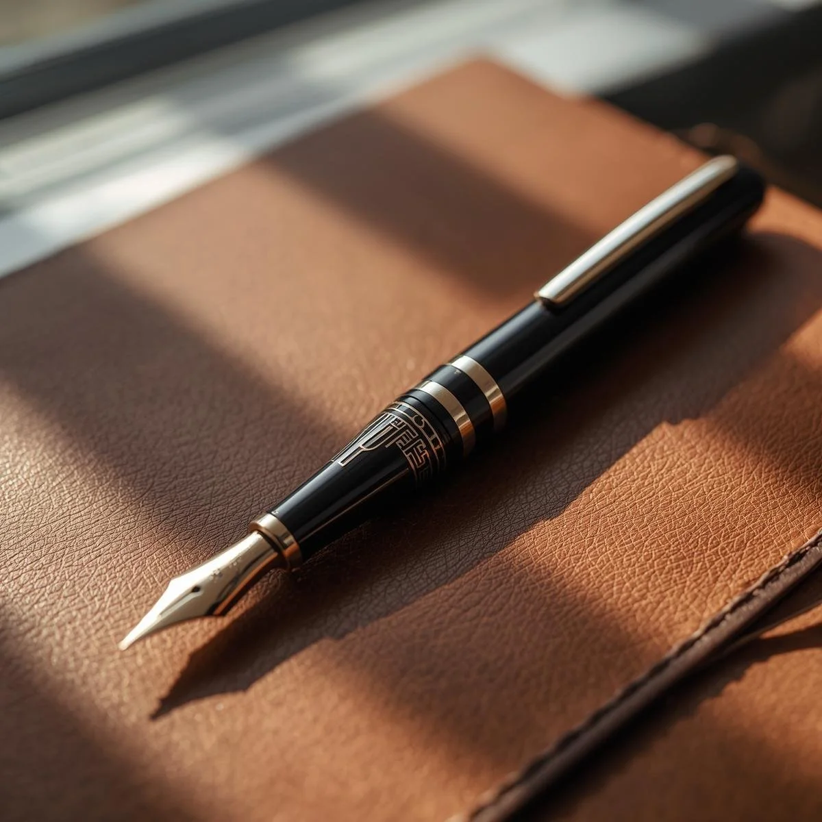 A luxury black and gold fountain pen resting on a brown leather-bound journal or notebook.
