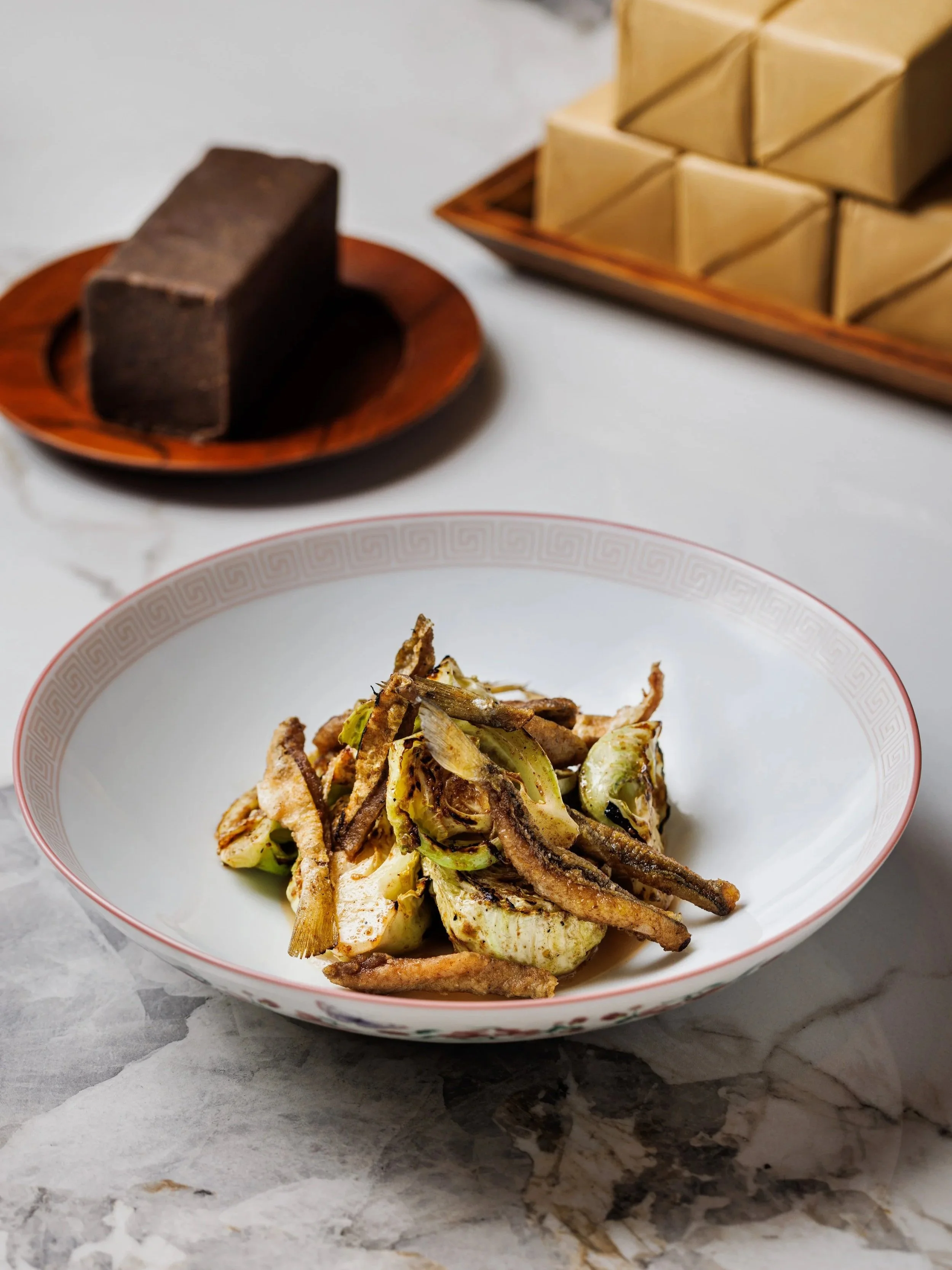 Belacan Oil Grilled Baby Cabbage with Silver Silago