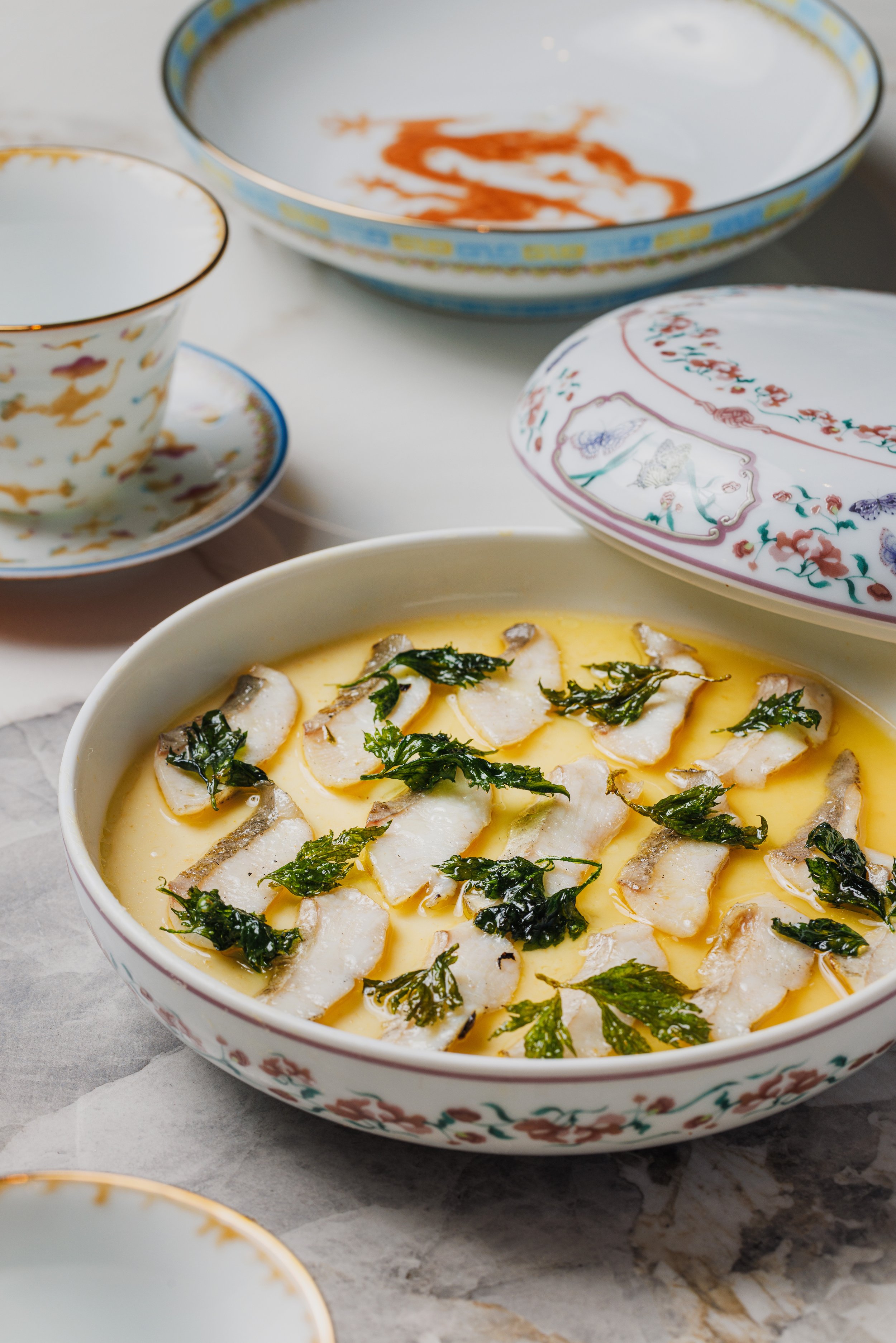 Egg Custard Pepper fried Doo Pomfret with Preserved Cabbage