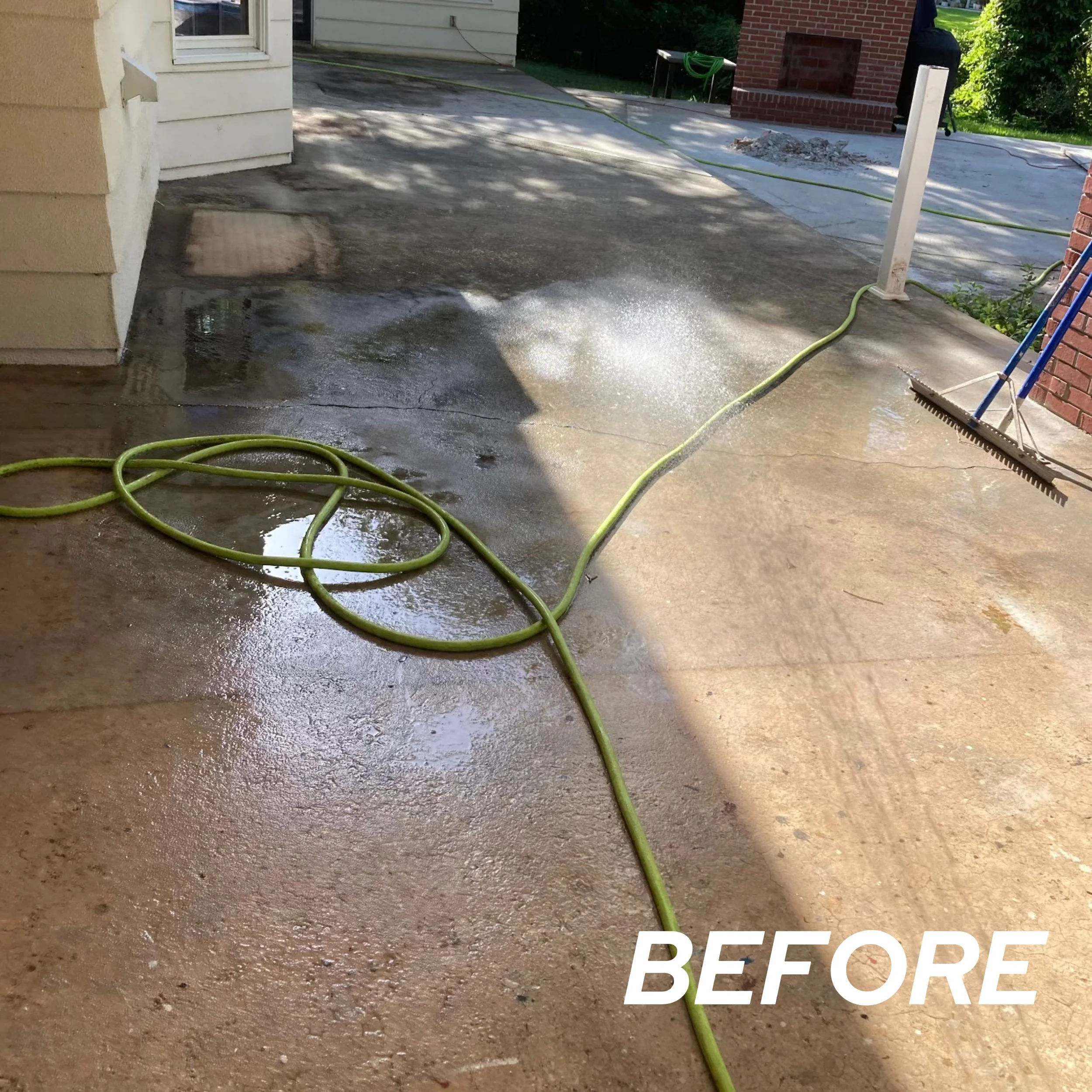 A wet concrete porch with a garden hose and rakes, with shadows and sunlight, labeled 'BEFORE'.