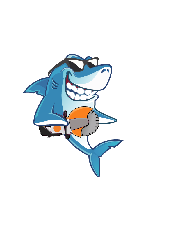 A cartoon shark wearing sunglasses and holding a circular saw, smiling broadly.