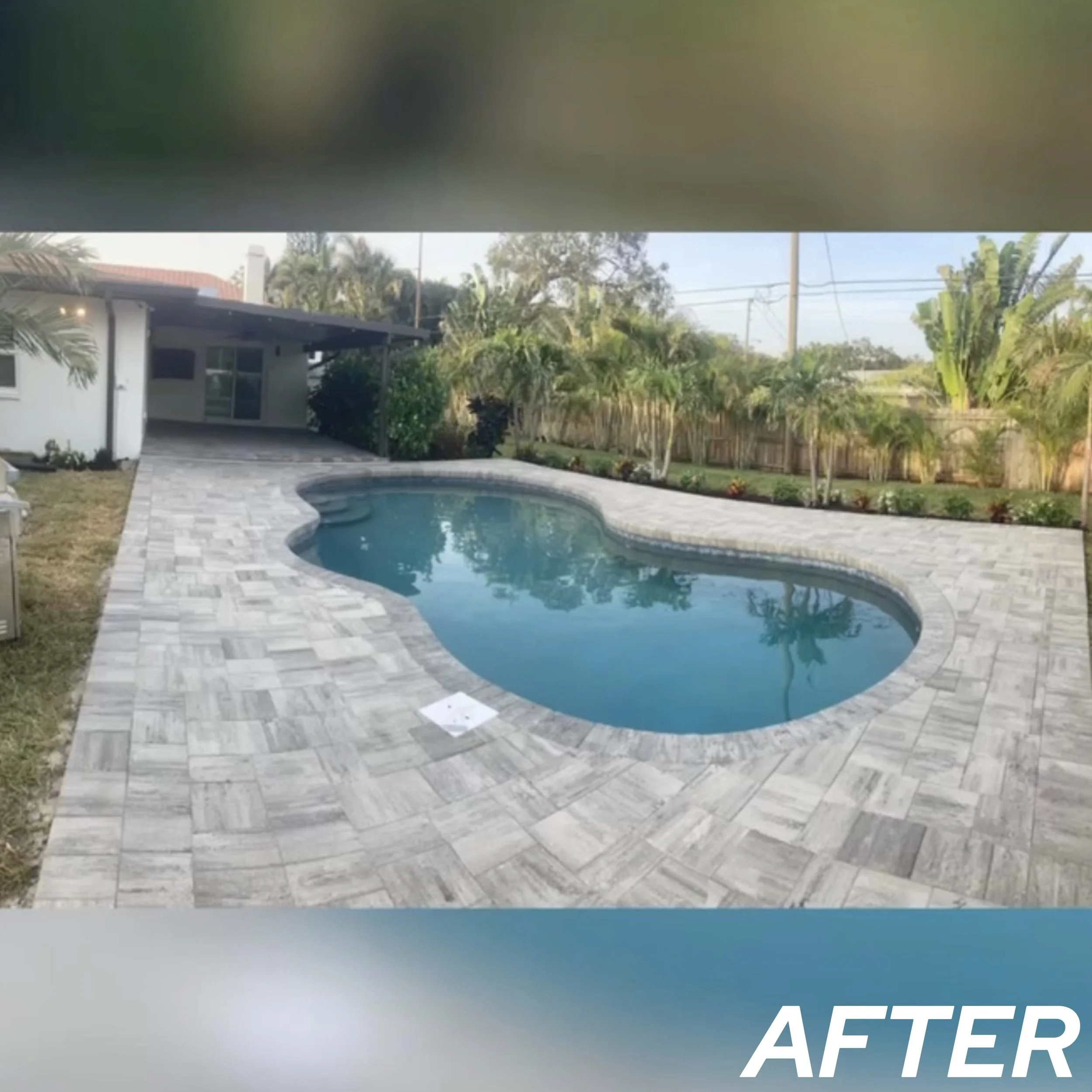 Backyard with a kidney-shaped swimming pool, surrounded by a stone patio and lush green plants, with a house in the background and an overcast sky.