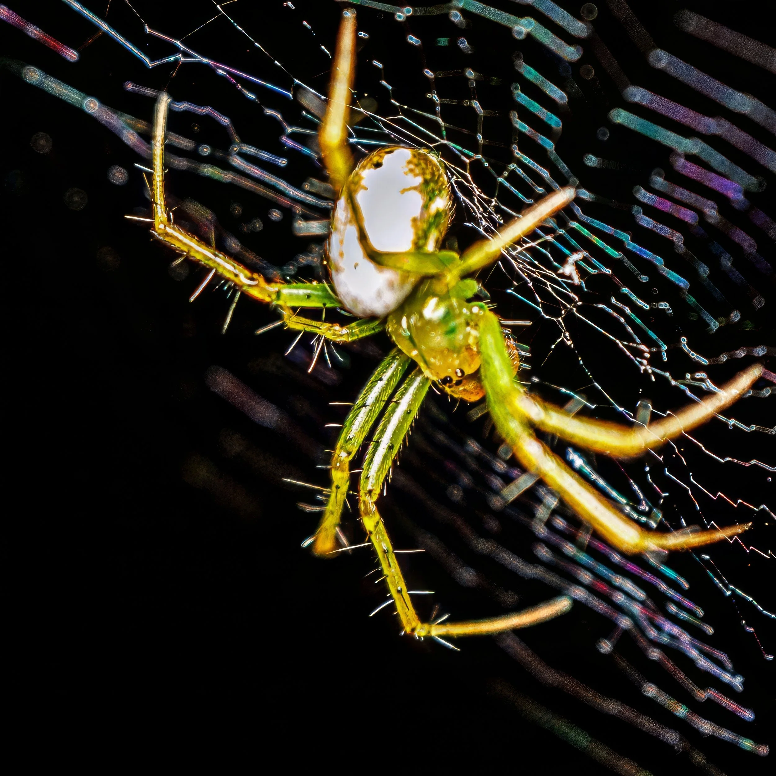 A close-up of a green spider with a white and brown marking on its abdomen, trapped in its web.